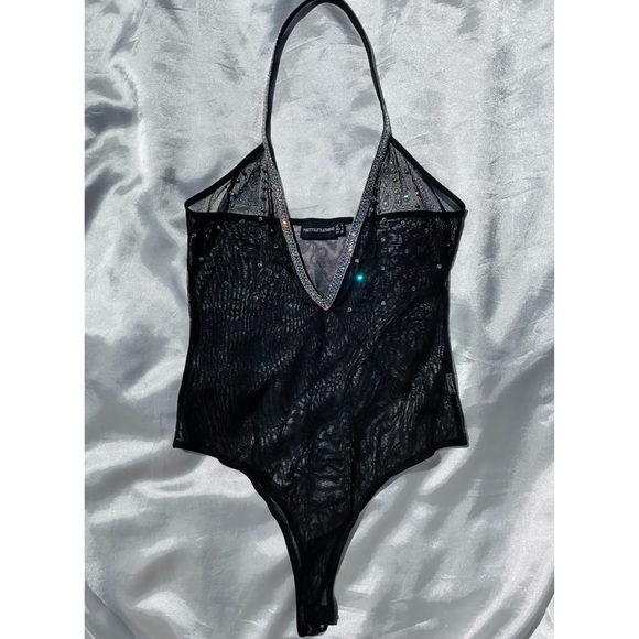 Pretty Little Things Black Diamanté Trim Sheer Mesh Bodysuit - Picture 2 of 4